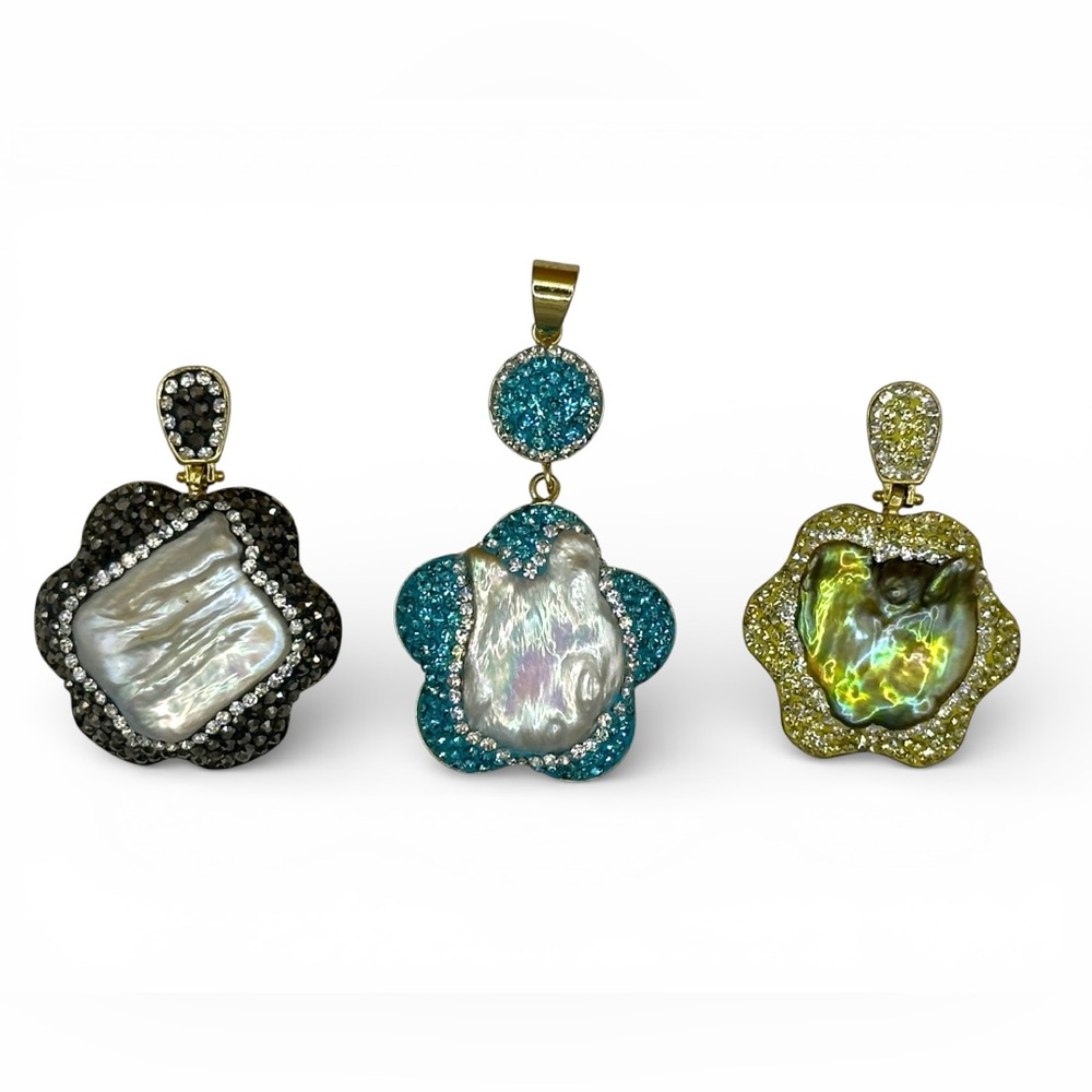 Lot 3 Baroque Pearl Rhinestone Flower Boho Statement Pendants Gold Tone Glam